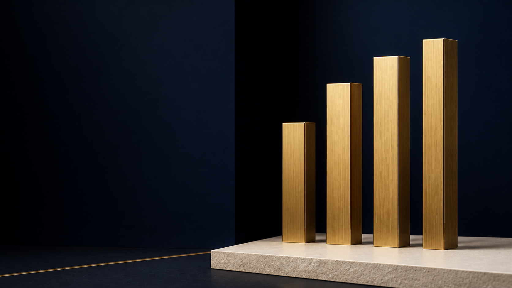 Four brushed-gold vertical slats on a navy architectural stage—the P4 One Digital operating-system object.